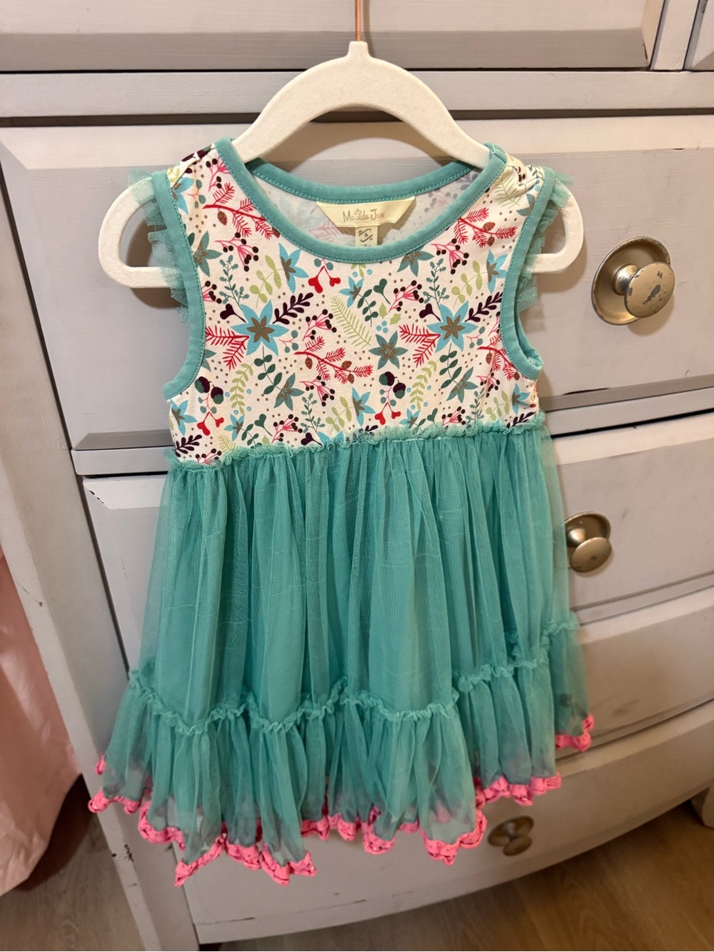 Matilda Jane Aqua Floral Tulle Twirl Dress with Pink Trim